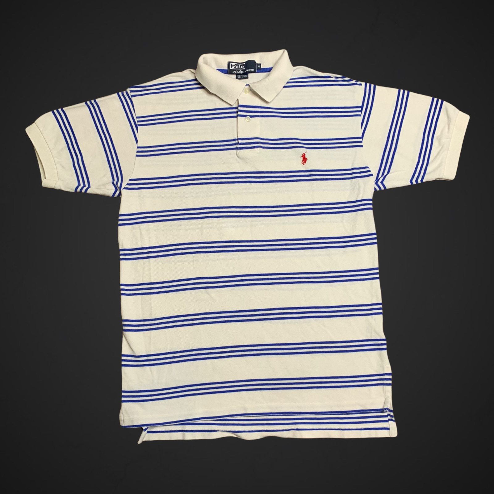 White With Blue Stripes Embroidered Ralph Lauren Polo Mens Size M